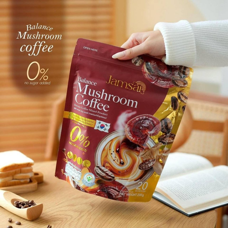 Jamsai Balance Mushroom Coffee Instant Powder Mix Drink Control Hunger No Sugar (20 Sachets × 10g)